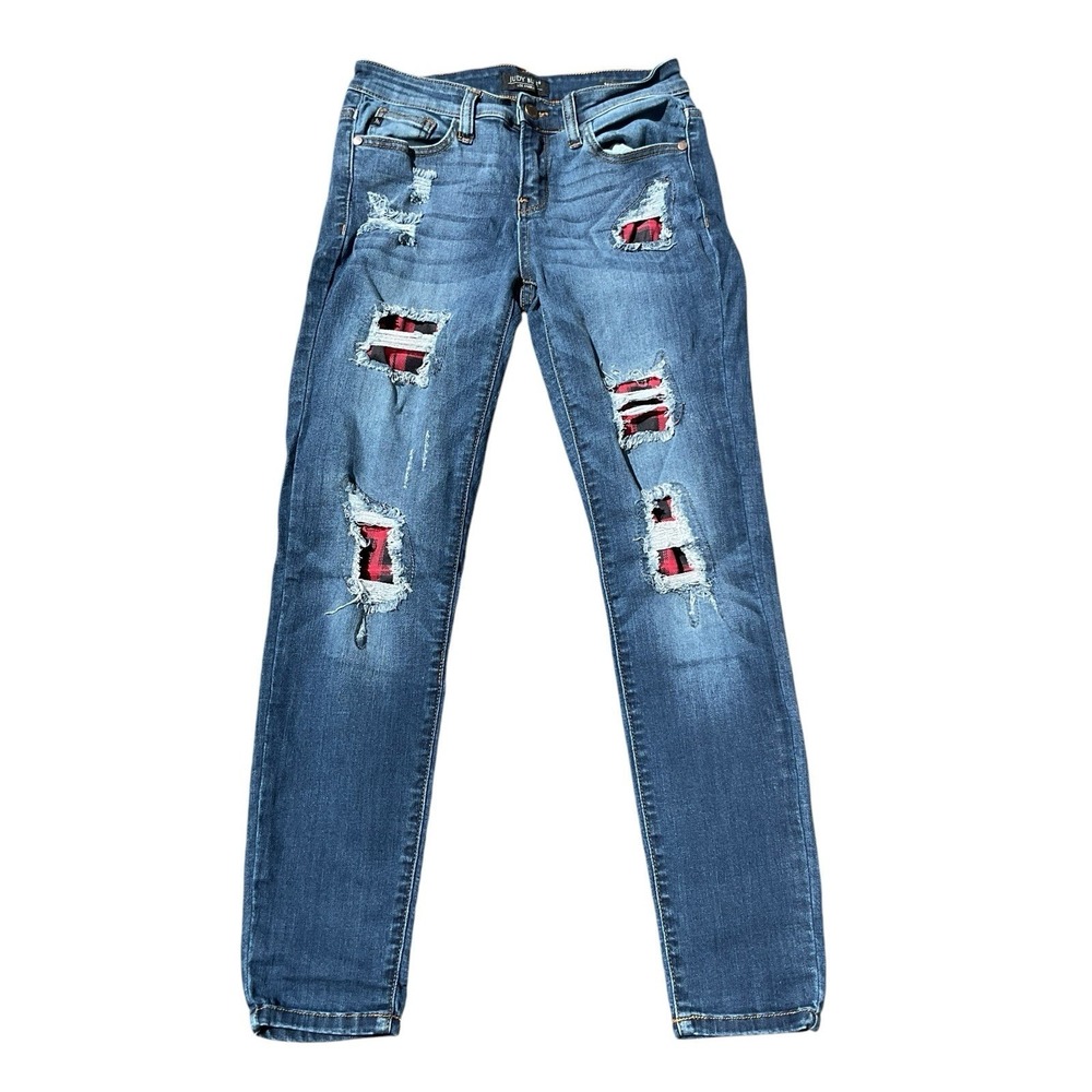 Judy Blue Jeans Women Size 5|27 Blue Skinny Fit Distressed Red Flannel Mid Rise